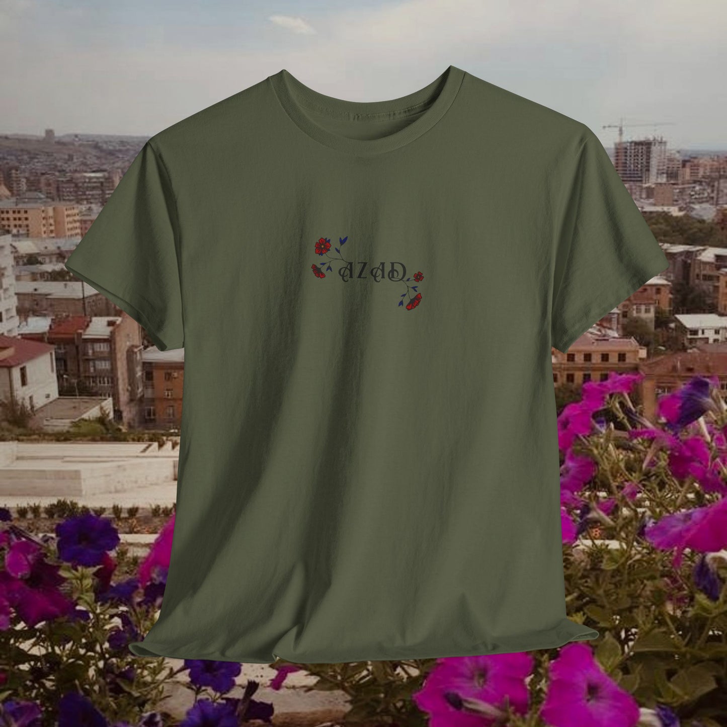 Azad Floral Design Unisex Heavy Cotton Tee, Front Design Only